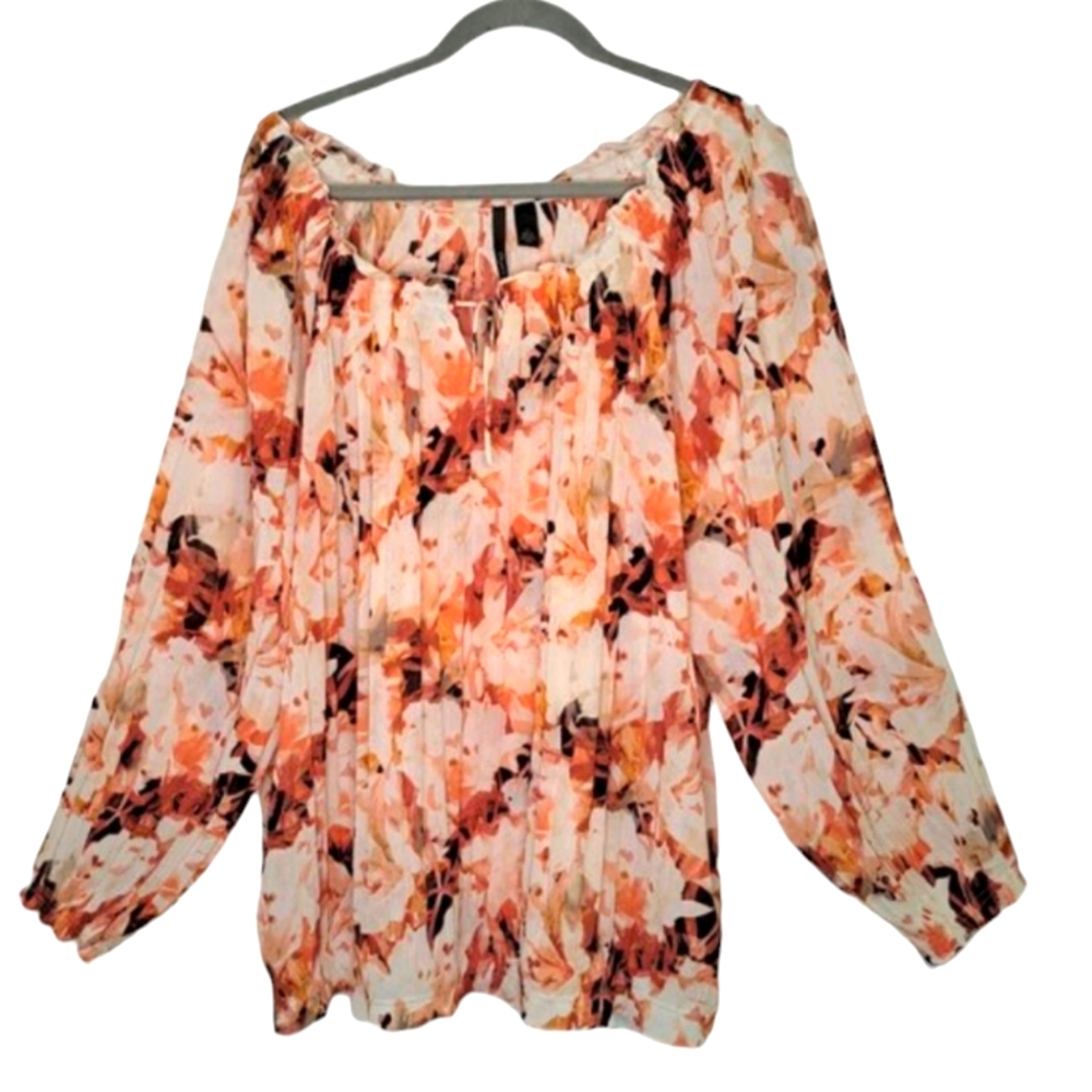 Skye's the Limit Sheer Floral Tie Neck Peasant Blouse Plus Size 3X